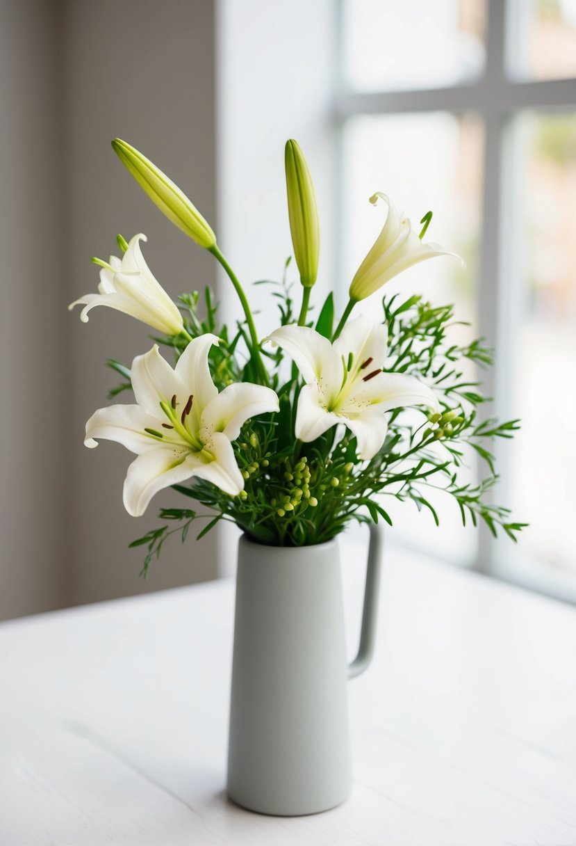 A small, delicate bouquet of lilies and soft greenery in a simple, modern vase