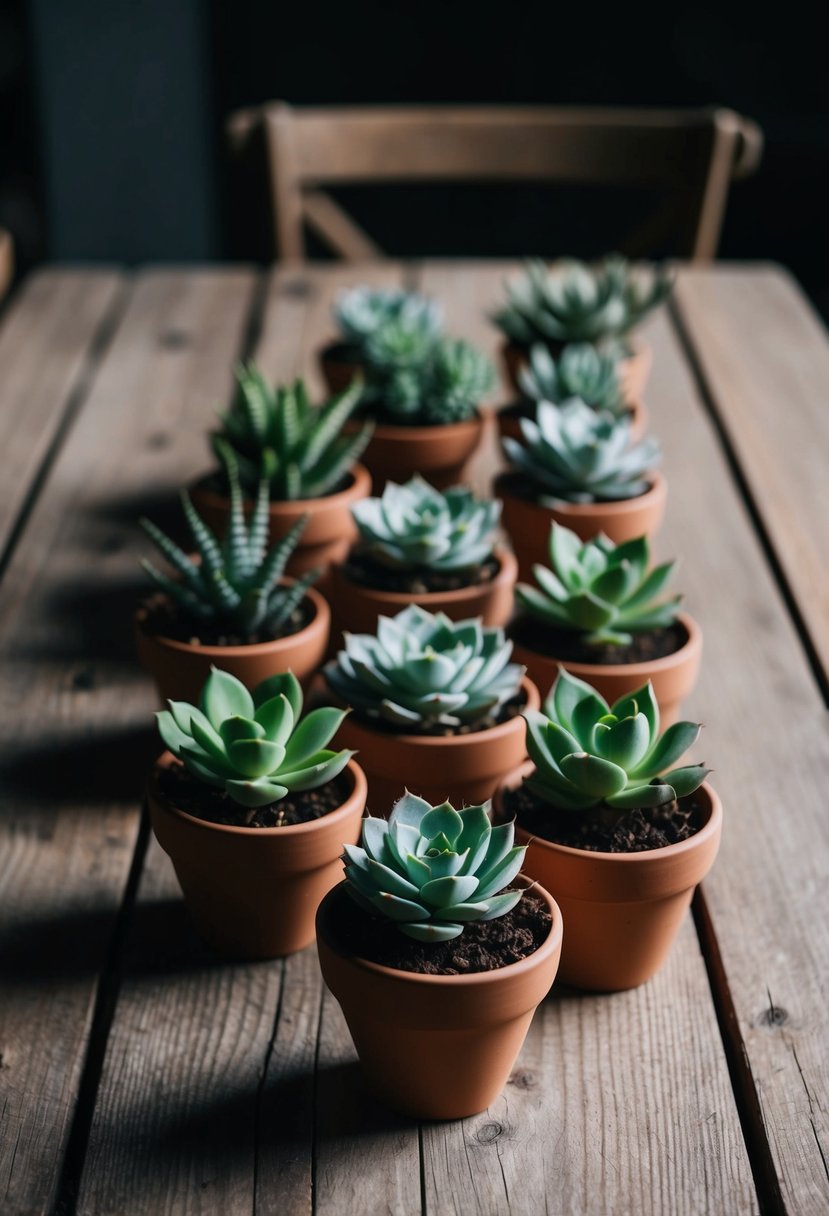 Succulents arranged in small terracotta pots on a rustic wooden table, casting soft shadows in the dimly lit room