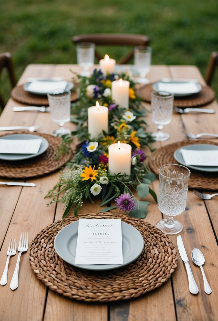 Woven placemats arranged with wildflowers and candles on a wooden table for a rustic wedding