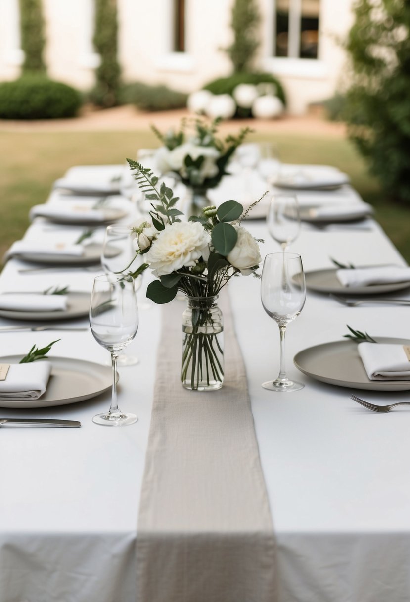 A simple, elegant table set with white linen cloths and minimalist decor for a low key wedding