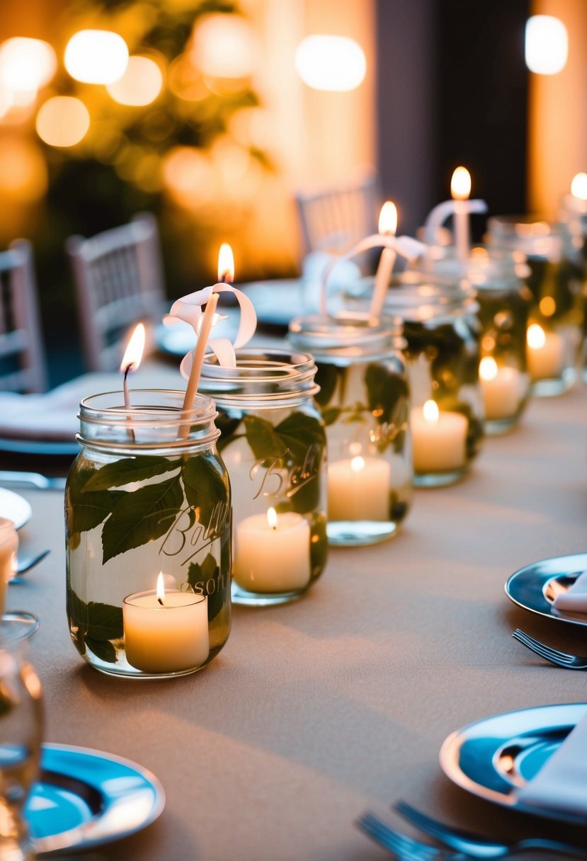 Mason jars filled with water and floating candles arranged on a wedding reception table