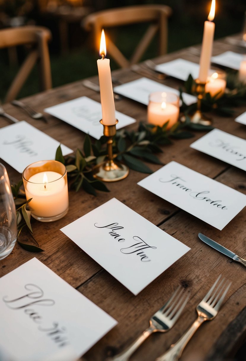 Hand-written place cards arranged on a rustic table with soft candlelight