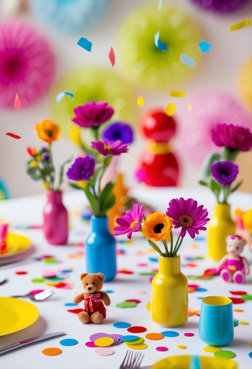 A colorful table with mini flower vases, confetti, and small toys like teddy bears and dolls