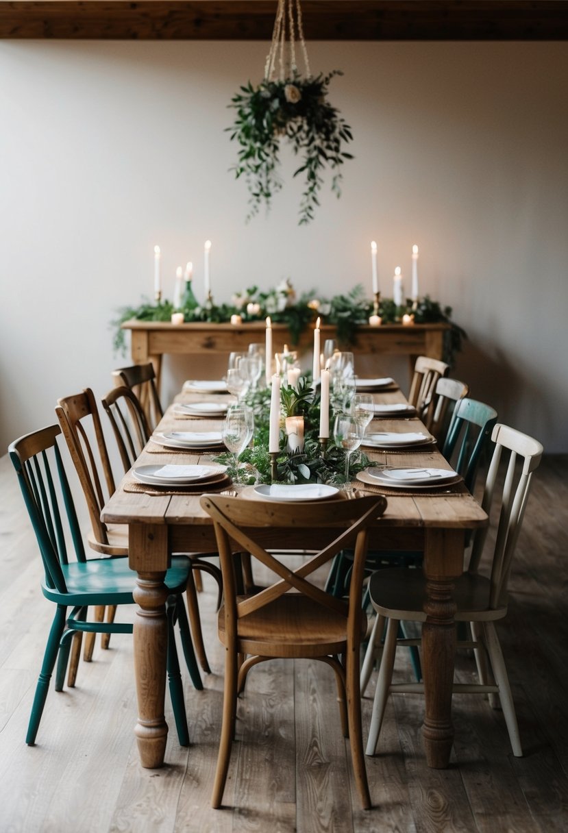 A variety of mismatched chairs surround a rustic wooden table adorned with simple greenery and candles, creating an eclectic and low-key wedding table setting