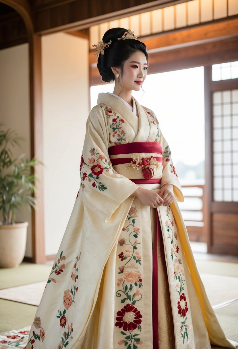 A traditional Japanese bridal gown with intricate floral embroidery and flowing silk fabric