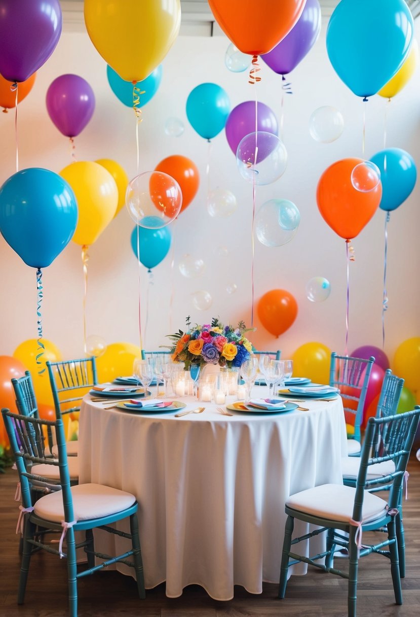 A table adorned with colorful balloons and floating bubbles, creating a whimsical and playful atmosphere for a kids' wedding celebration