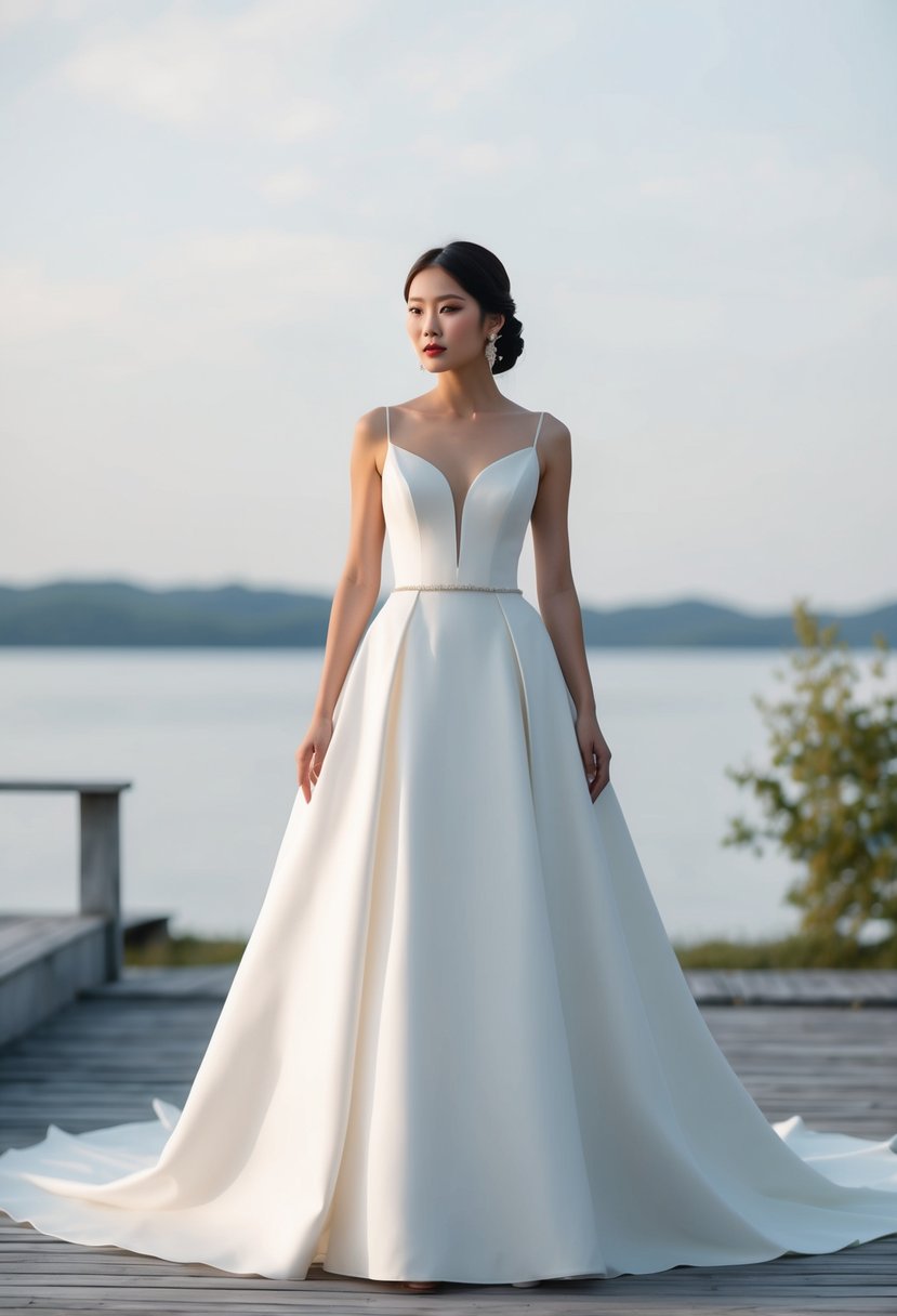 A minimalist wedding gown with clean lines and subtle details, inspired by Japanese bridal fashion, set against a serene backdrop