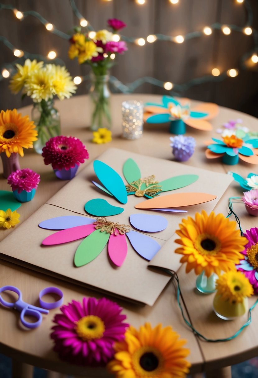 A table set with craft supplies for making fairy wings, surrounded by colorful flowers and twinkling lights