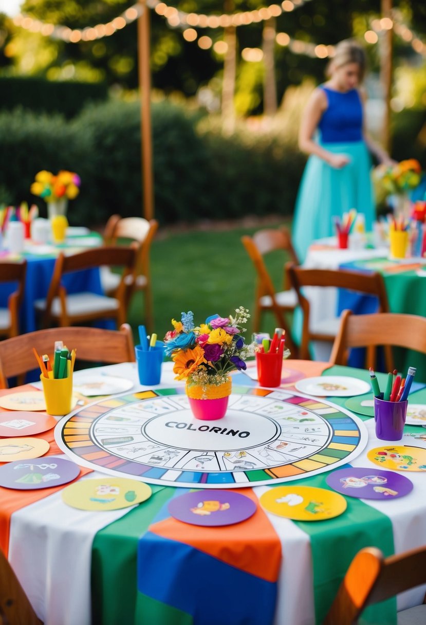 A wedding table set with an interactive coloring tablecloth, surrounded by children's art supplies and colorful decorations