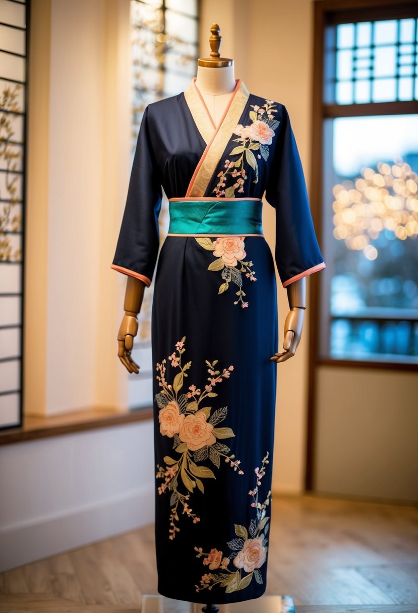 An elegant kimono-style A-line dress displayed on a mannequin, adorned with intricate Japanese floral patterns and delicate embroidery