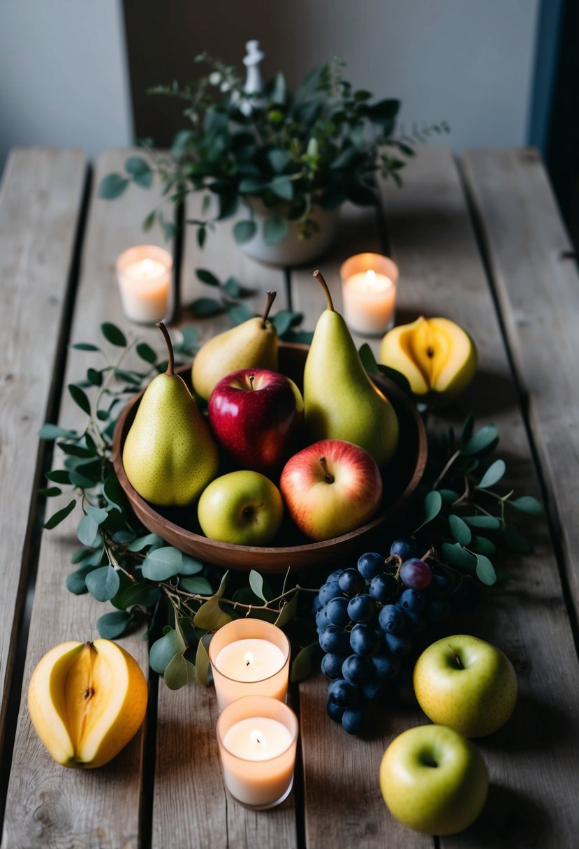 A rustic wooden table adorned with fresh seasonal fruits like apples, pears, and grapes, nestled among simple greenery and soft candlelight