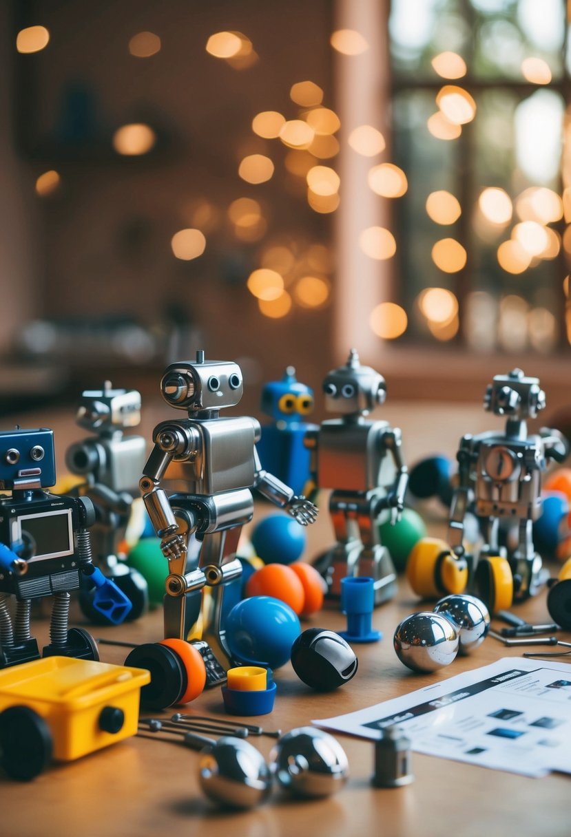 A colorful assortment of robot parts scattered on a table, including metallic bodies, arms, legs, and heads, with small tools and instruction sheets nearby