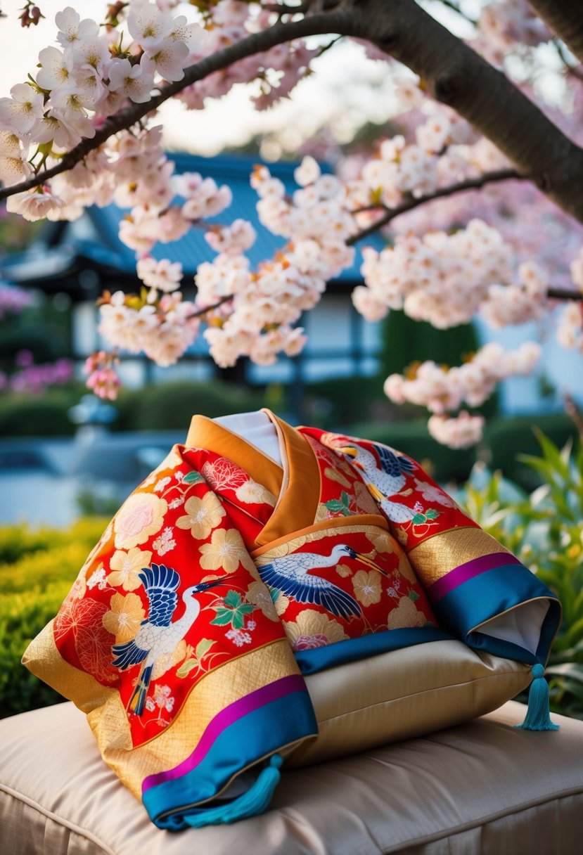 A vibrant Uchikake kimono drapes elegantly over a silk cushion, adorned with intricate floral and crane motifs, set against a backdrop of blooming cherry blossoms and a serene Japanese garden