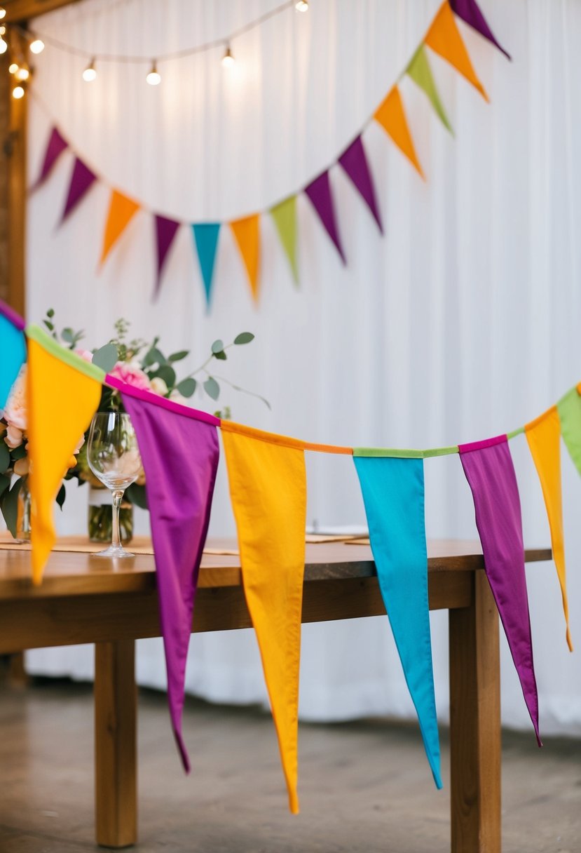 Colorful fabric bunting drapes over a simple wooden table, adding a festive touch to a low-key wedding reception