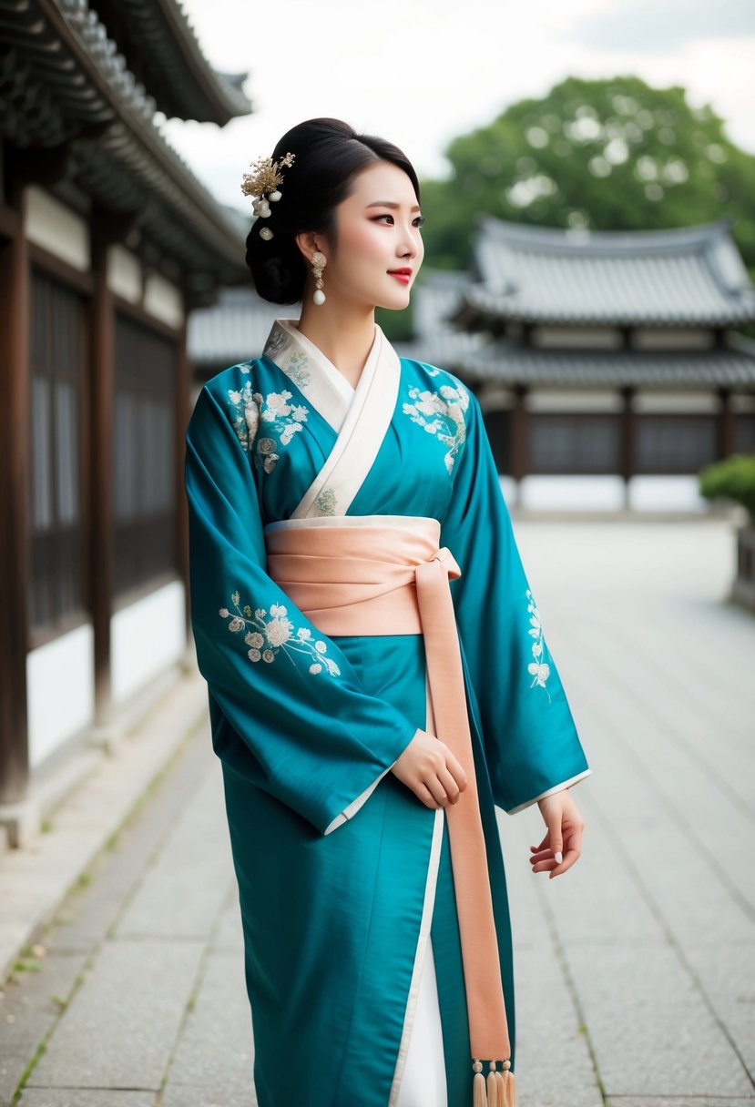 A modern Hanbok wrap dress with Japanese bridal gown influence, featuring elegant draping and intricate embroidery