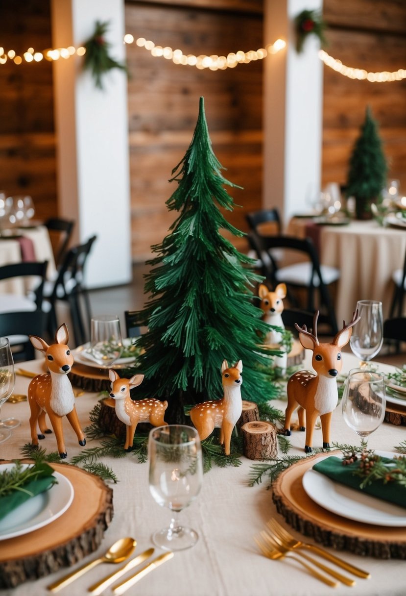 A whimsical table set with forest-themed centerpieces and playful woodland creature figurines