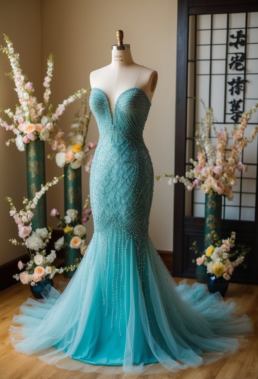 A beaded mermaid tulle dress displayed on a mannequin, surrounded by delicate floral arrangements and traditional Japanese decor