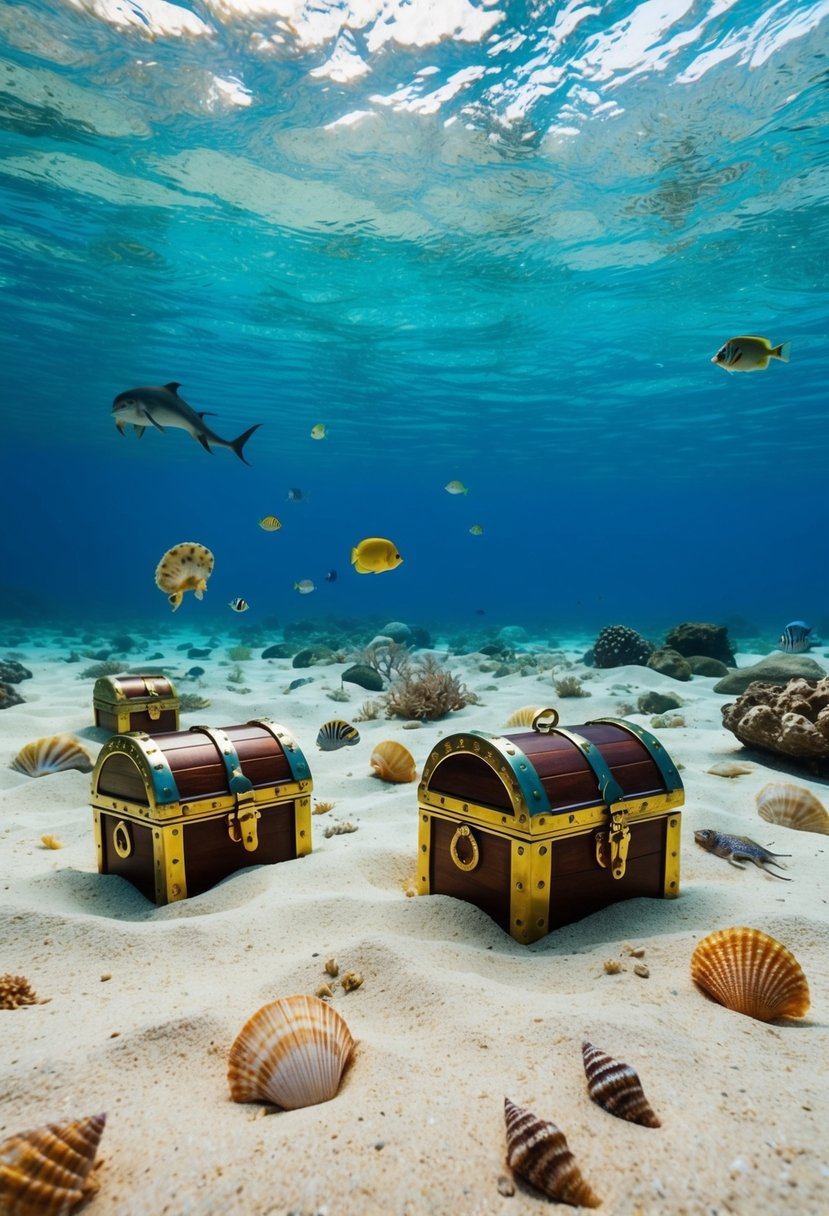 A colorful underwater scene with treasure chests, seashells, and sea creatures scattered on a sandy ocean floor