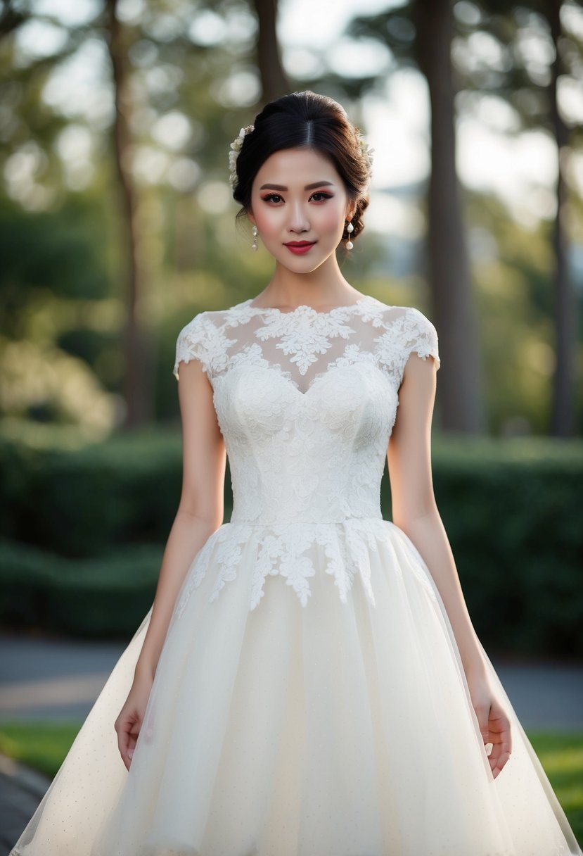 An elegant ivory lace dress with delicate dotted tulle, inspired by Japanese bridal gown designs