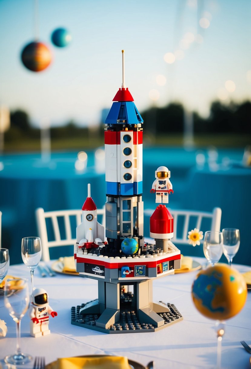 A Lego space station with rockets, astronauts, and planets, set on a wedding table for kids