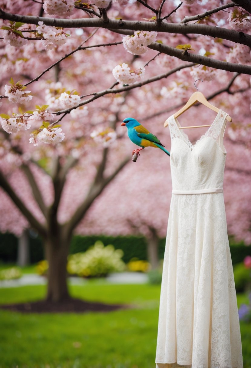 A serene garden with a cherry blossom tree and a colorful bird perched on a delicate lace A-line dress