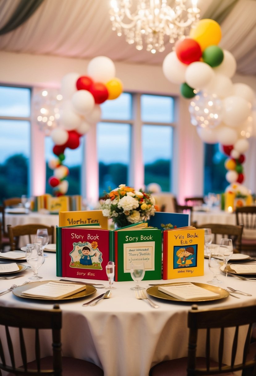 A whimsical wedding table adorned with personalized story books and playful decorations for kids