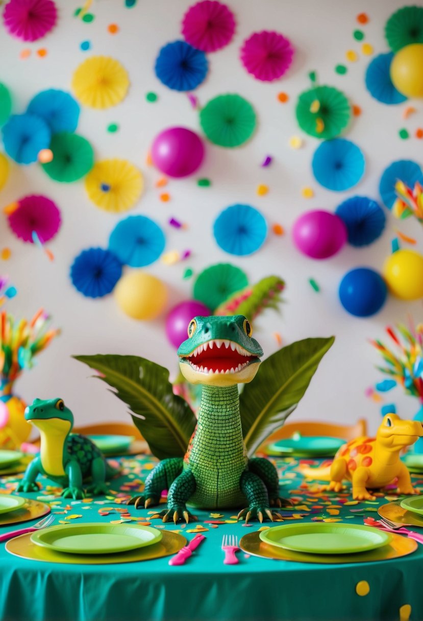 A table set with toy reptile centerpieces, surrounded by colorful confetti and child-friendly decorations