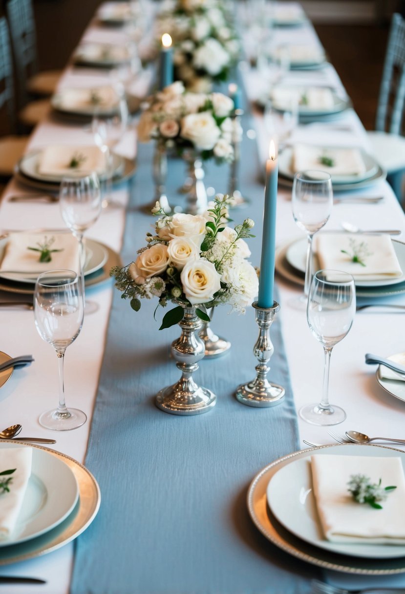 A dusty blue table runner adorned with silver candlesticks, delicate floral centerpieces, and elegant place settings