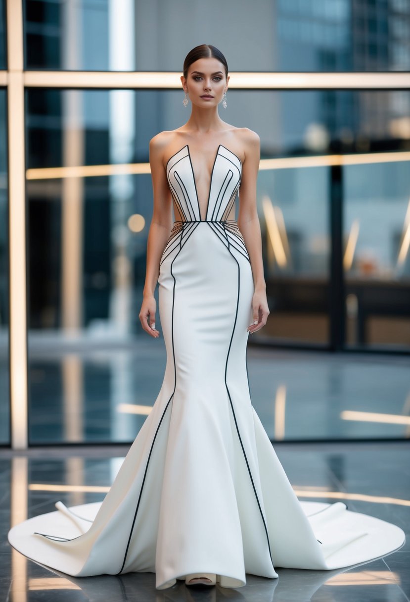 A sleek, modern bridal gown with geometric patterns and contemporary cuts, featuring clean lines and minimalist details