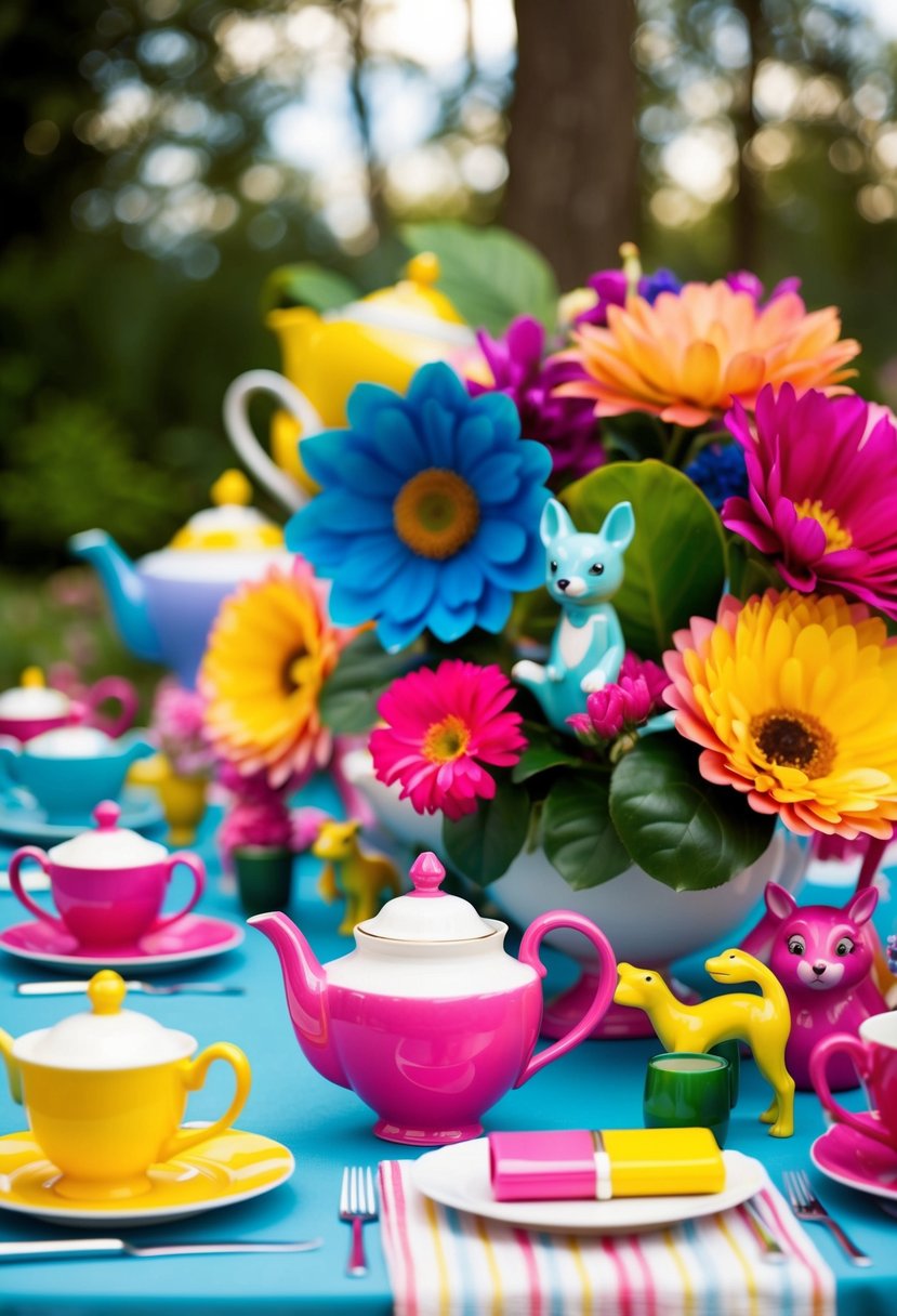 A table decorated with colorful teapots, oversized flowers, and playful animal figurines in a whimsical wonderland theme