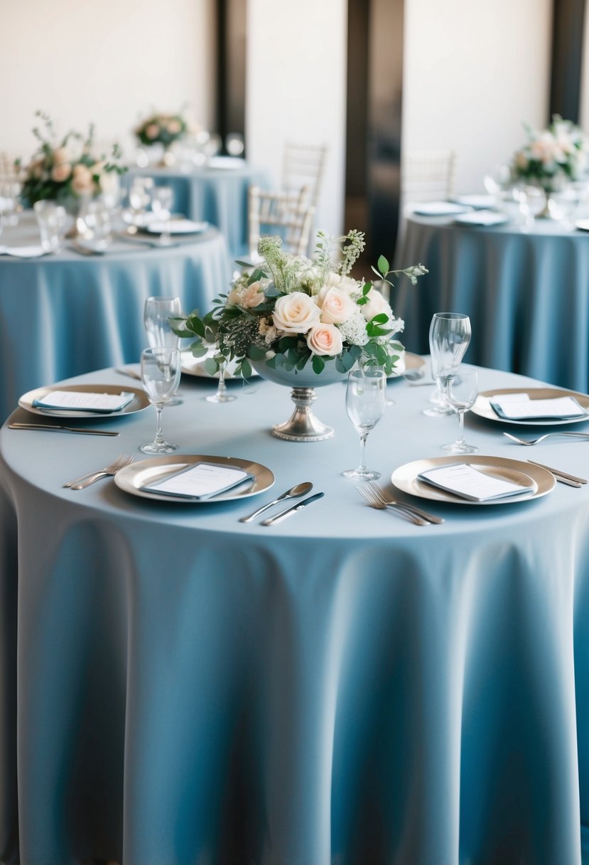 Dusty blue tablecloths draped over tables with delicate floral centerpieces and silver candle holders