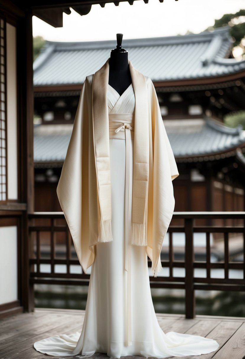 A neutral-colored haori draped over a delicate, flowing wedding dress, set against a backdrop of traditional Japanese architecture