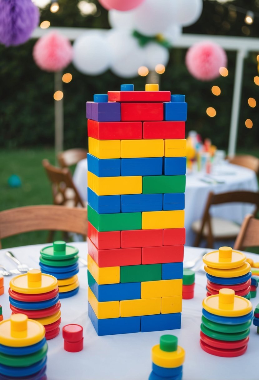 A colorful Giant Jenga tower stands on a wedding table, surrounded by playful decorations and toys for kids