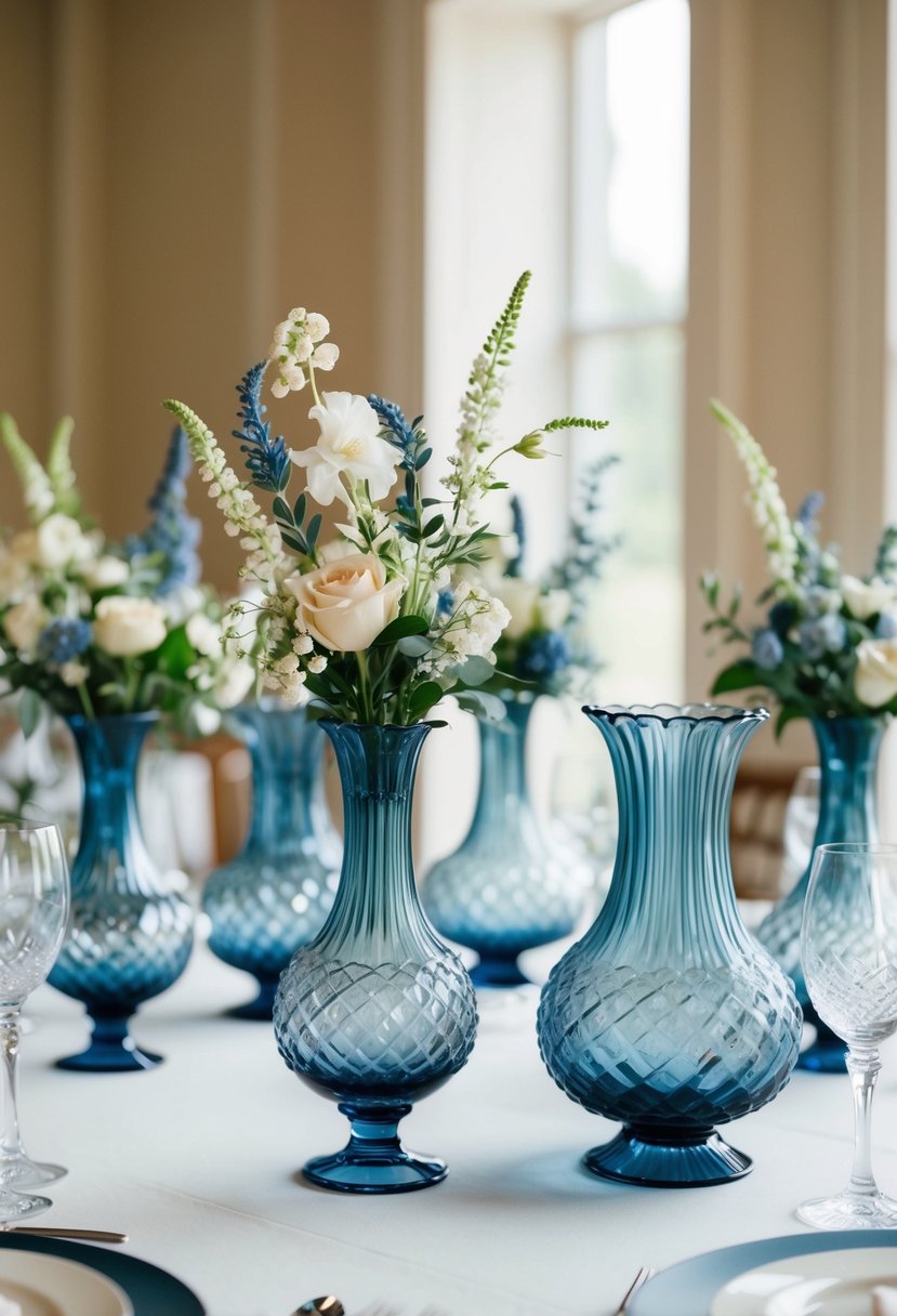 Vintage crystal vases in dusty blue hues arranged on a wedding table with delicate floral decorations