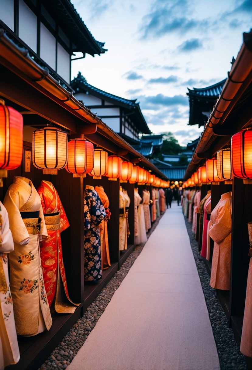 A lantern-lit aisle with traditional Japanese bridal gowns on display