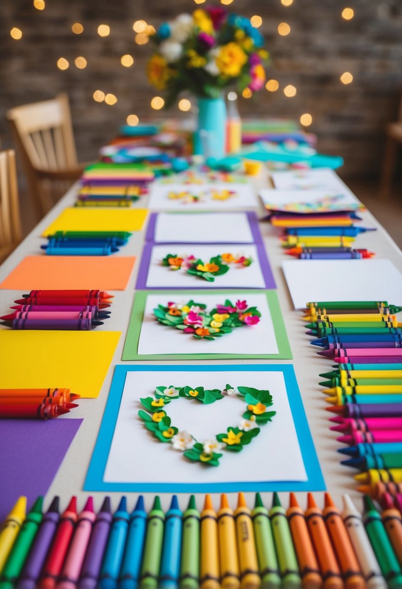 A colorful array of crayons, paper, and art supplies arranged on a table for kids to create wedding-themed artwork