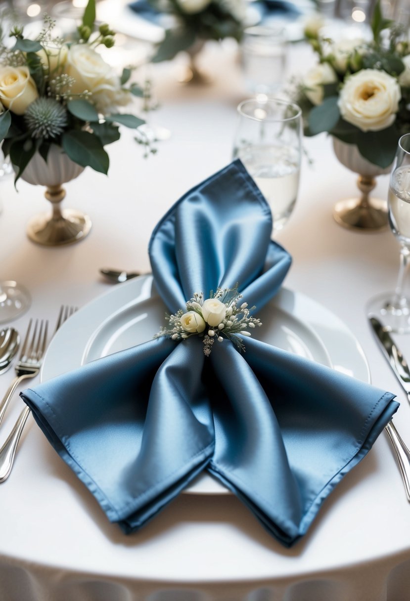 Dusty blue satin napkins folded neatly on a wedding table, adorned with elegant floral centerpieces and delicate silver accents