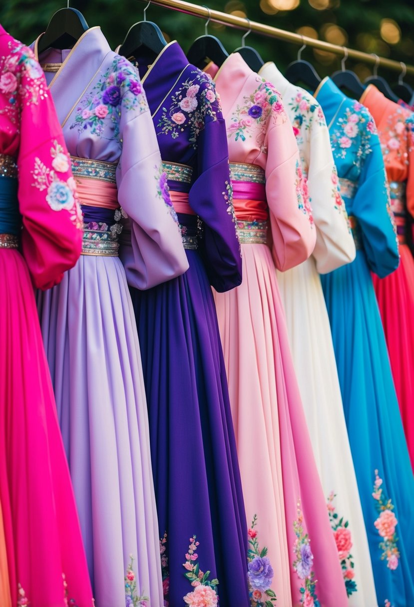 A row of vibrant, floor-length Japanese bridal gowns in shades of pink, purple, and blue, adorned with delicate floral embroidery and intricate beading