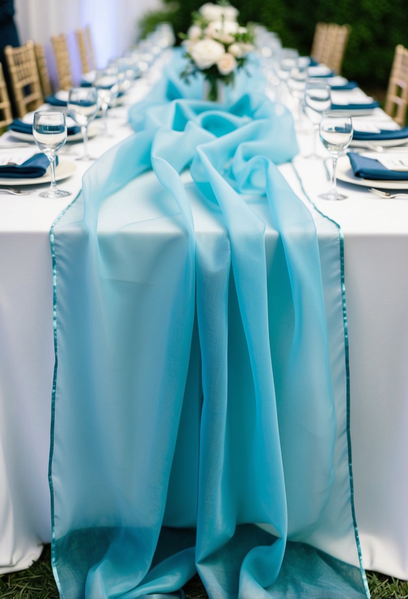 Dusty blue organza table runners cascade down a wedding reception table, adding a soft and elegant touch to the decor