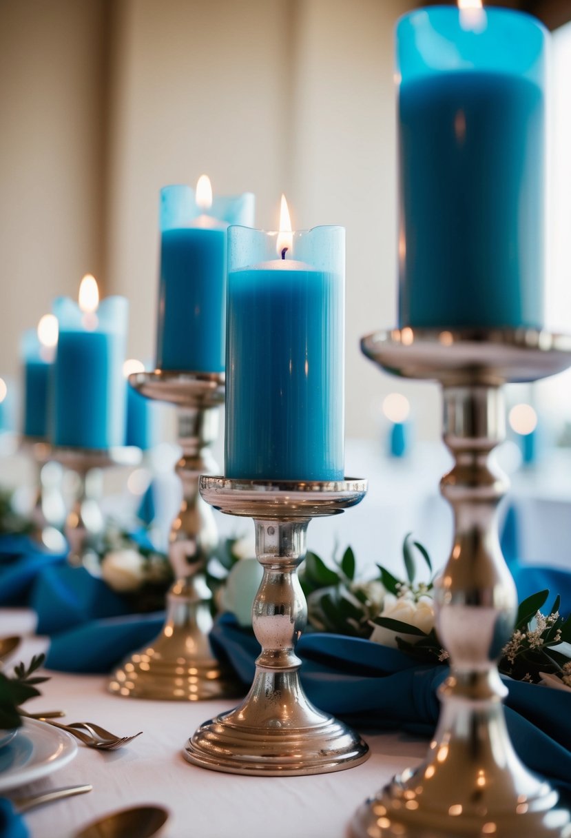 Dusty blue candles in glass holders illuminate a wedding table