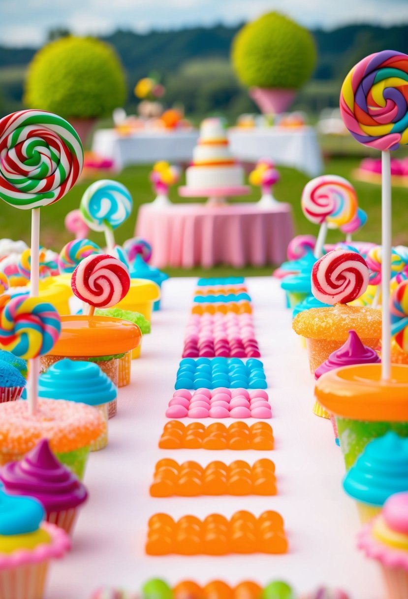 A colorful Candy Land landscape with candy trees, lollipop flowers, and gumdrop pathways leading to a wedding table adorned with candy centerpieces and sweet treats