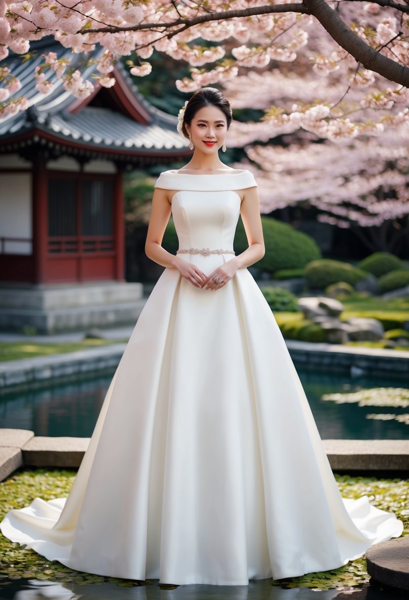 A bride in an elegant boat neckline gown stands in a traditional Japanese garden, surrounded by blooming cherry blossoms and a serene koi pond