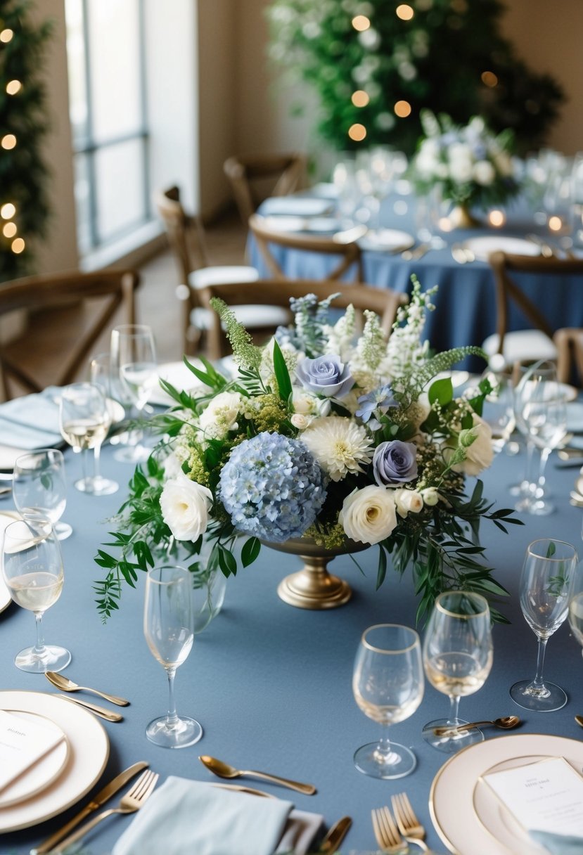 A round table adorned with floral centerpieces in shades of dusty blue and white, accented with greenery and delicate blooms