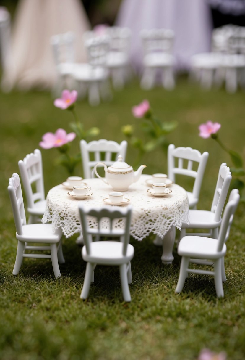 A miniature tea party setup with tiny chairs, a lace tablecloth, and small teacups and saucers on a wedding-themed table for kids