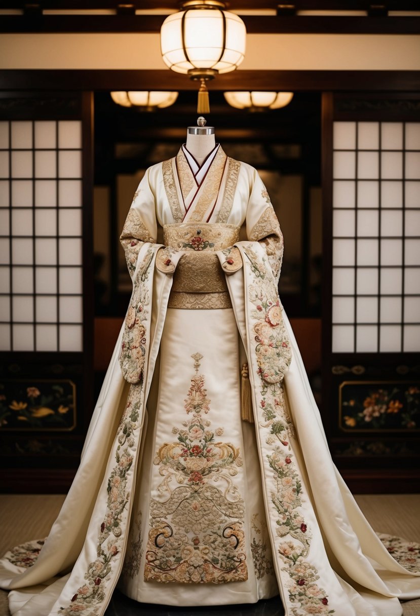 A luxurious Uchikake bridal gown with intricate embroidery and regal details, set against a traditional Japanese backdrop