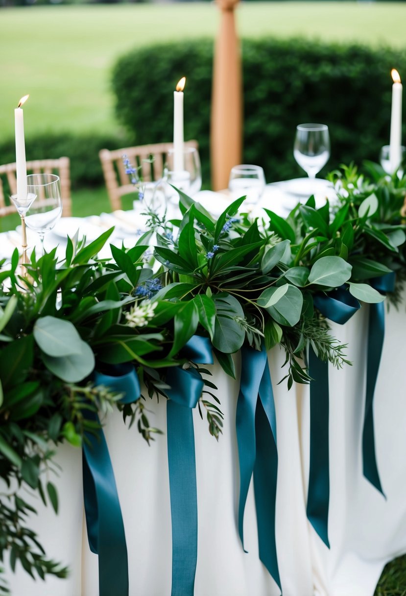 Lush green foliage intertwined with dusty blue ribbons adorning a wedding table