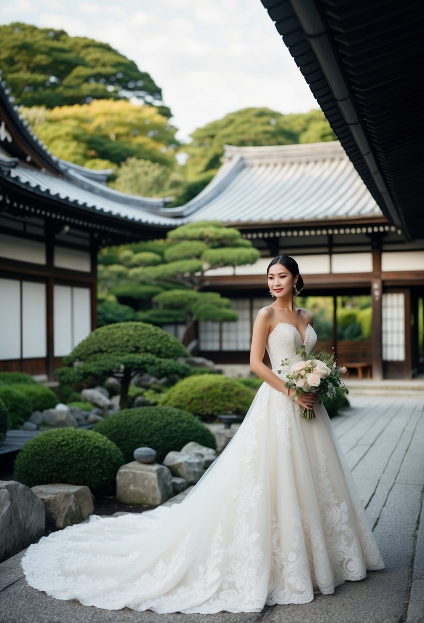 A serene garden setting with traditional Japanese architecture, showcasing elegant bridal gown designs