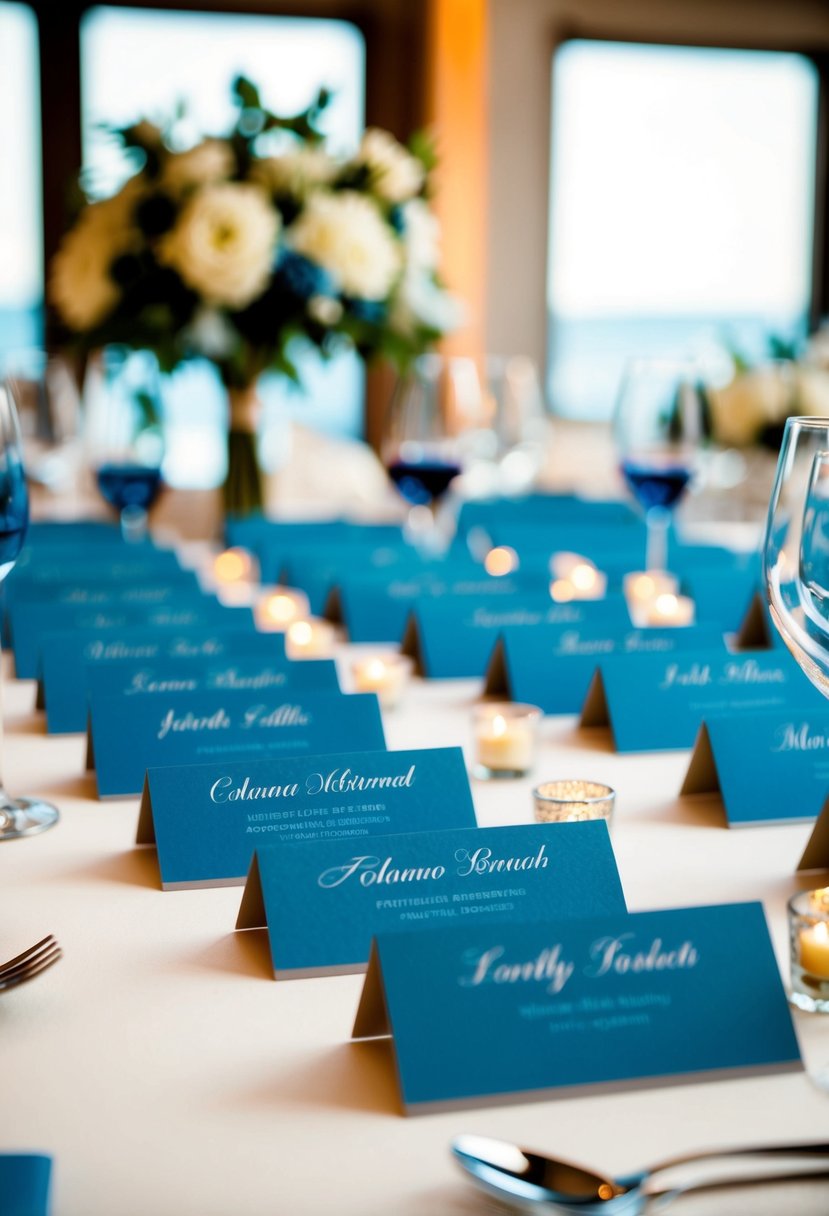 Dusty blue place cards arranged on a decorated wedding table