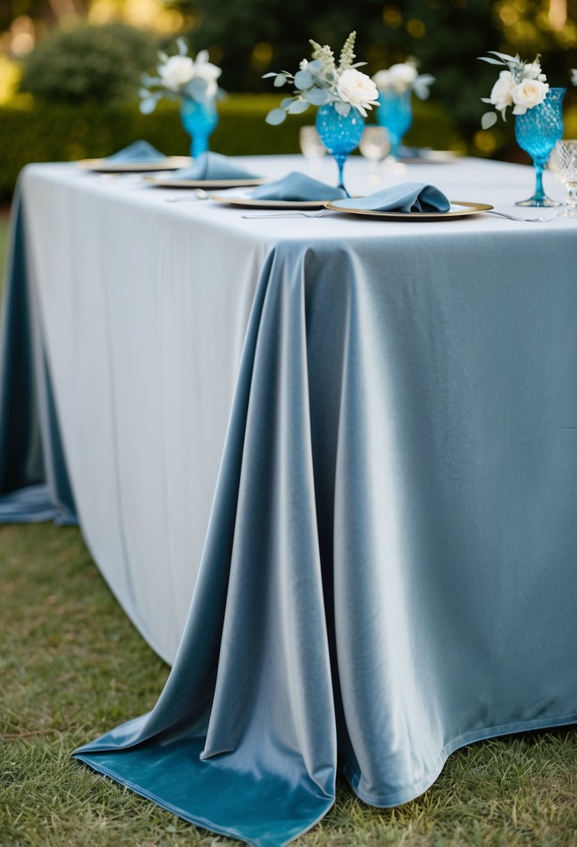 A soft dusty blue velvet tablecloth lays draped over a table, adorned with matching dusty blue wedding decorations