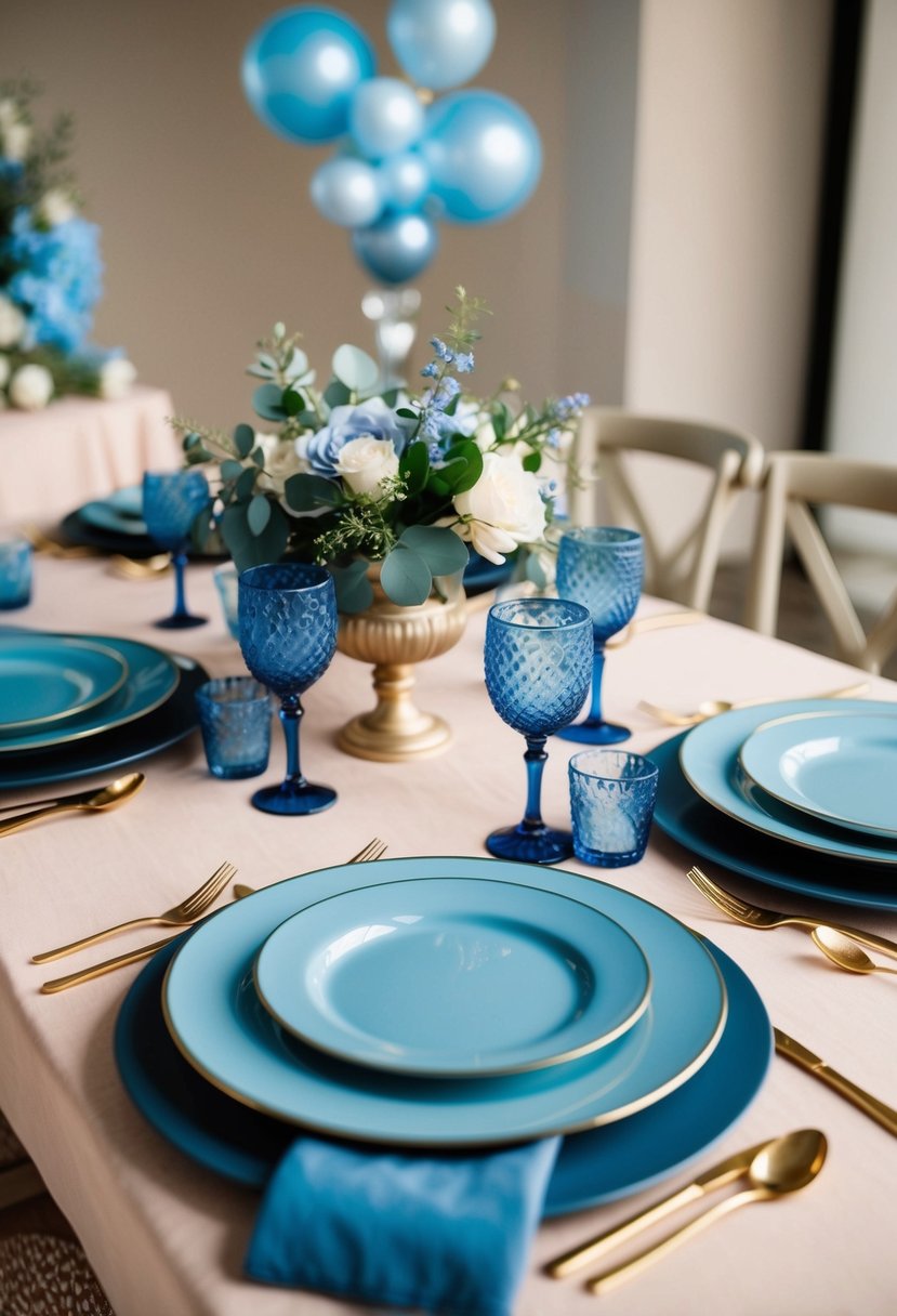 A table set with dusty blue dinnerware, adorned with matching dusty blue wedding decorations